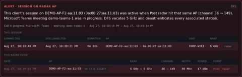 Alert banner reading session on radar AP, with the client session row and the Post radar event that hit the same access point, showing a channel change from 36 to 149