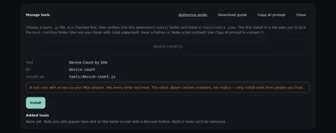 Manage tools panel after choosing device-count.js, showing the tool name Device Count by Site, its ID, the install path tools/device-count.js, a trust warning and an Install button