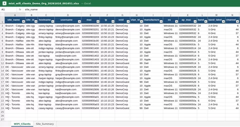 Excel sheet of Wi-Fi clients with site, hostname, MAC, IP, SSID, band, RSSI and SNR