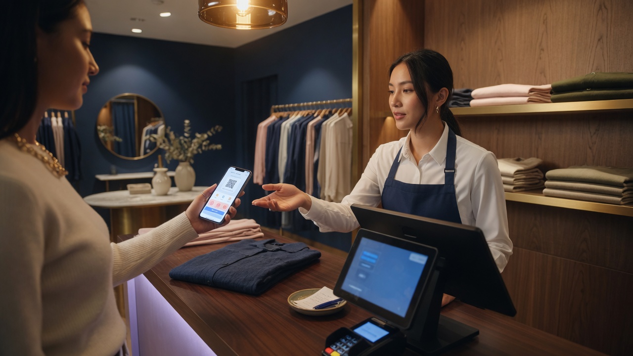 Guest showing a phone offer to a cashier at a boutique checkout